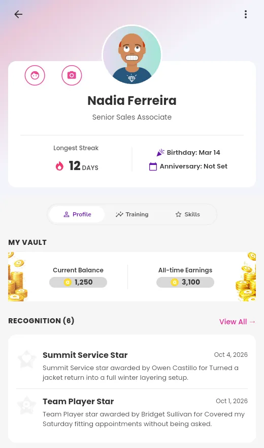 Your profile, with the two buttons at the left of your picture, your name and position, your streak and dates, the tabs, your token balance, and your most recent recognition.