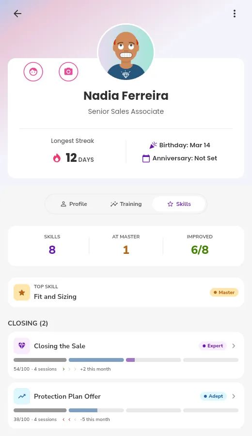 The Skills tab of your profile, with the totals at the top, your top skill, and a list of skills, each with its tier, score, and recent change.