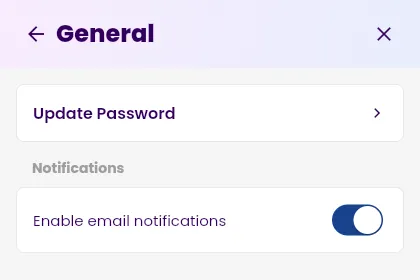 The General page of Settings, with the Update Password item and the Enable email notifications switch.