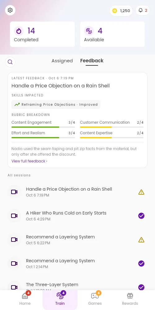 The Feedback tab of the Train tab on a phone, with the LATEST FEEDBACK card at the top, with the skills impacted and the rubric breakdown, and the All sessions list below it.