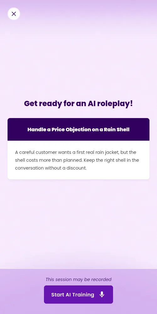 The start screen of an AI roleplay on a phone, with the heading Get ready for an AI roleplay!, a card with the name and the description of the session, and the Start AI Training button.