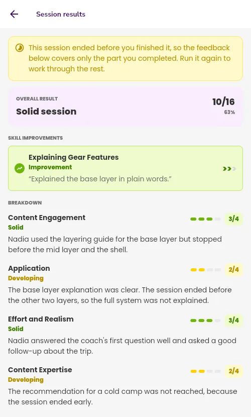 The Session results page on a phone, with a notice that the session ended early, the overall result, a skill improvement, and the breakdown of an AI Training session.