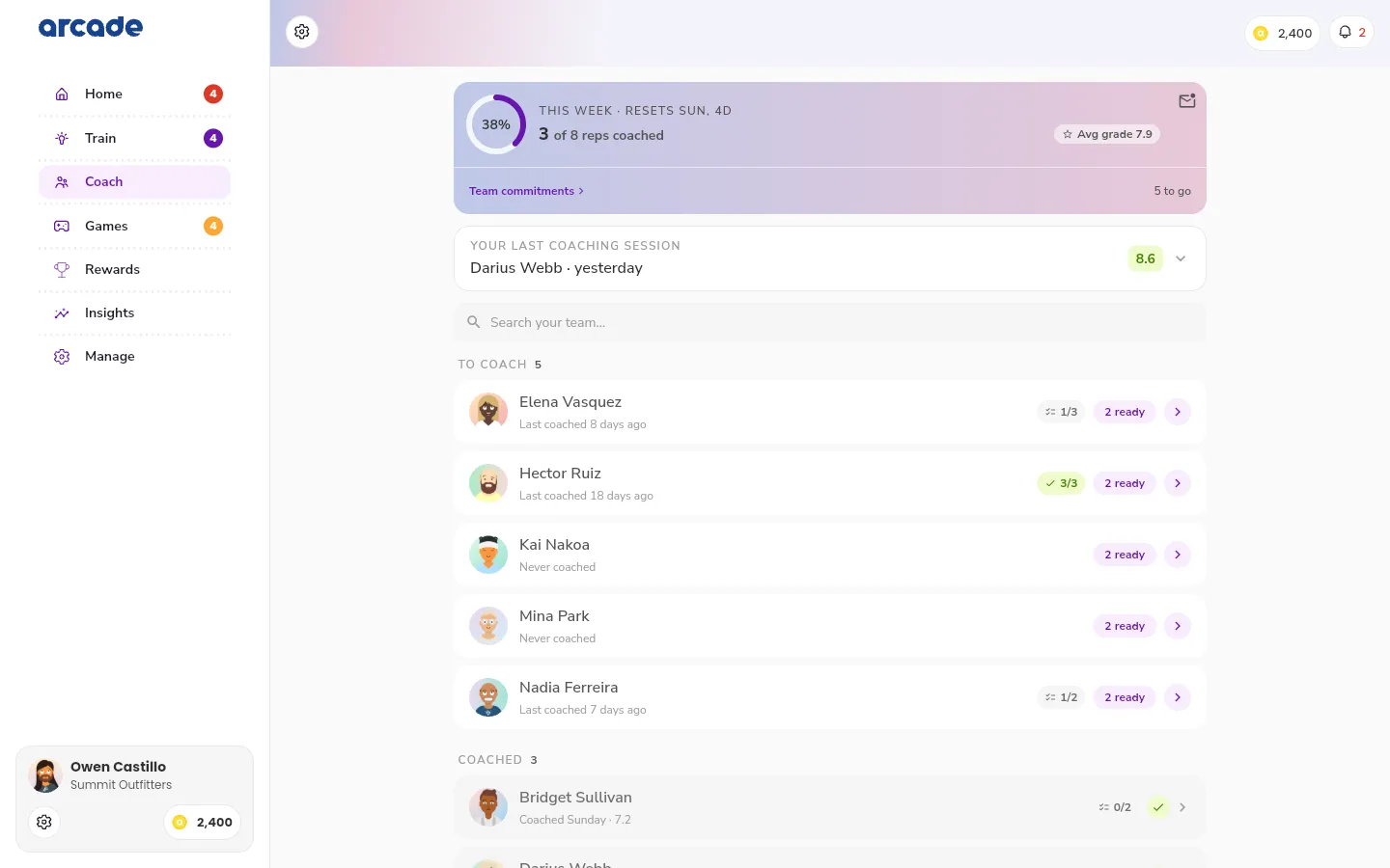 The Coach tab on the web, with the weekly card, the YOUR LAST COACHING SESSION card, and the TO COACH list of reps.