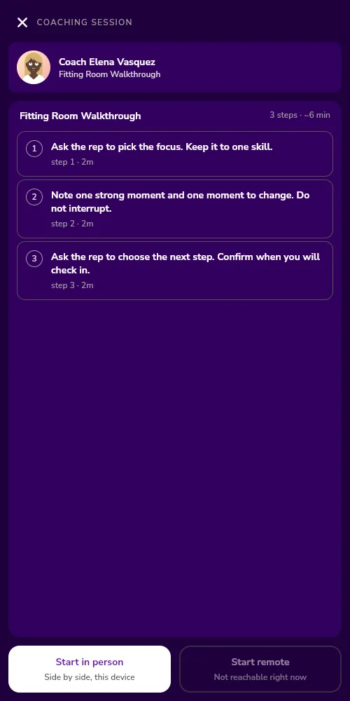 The start screen of a coaching session on a phone, with the name of the rep, the steps of the session, and the Start in person and Start remote buttons.