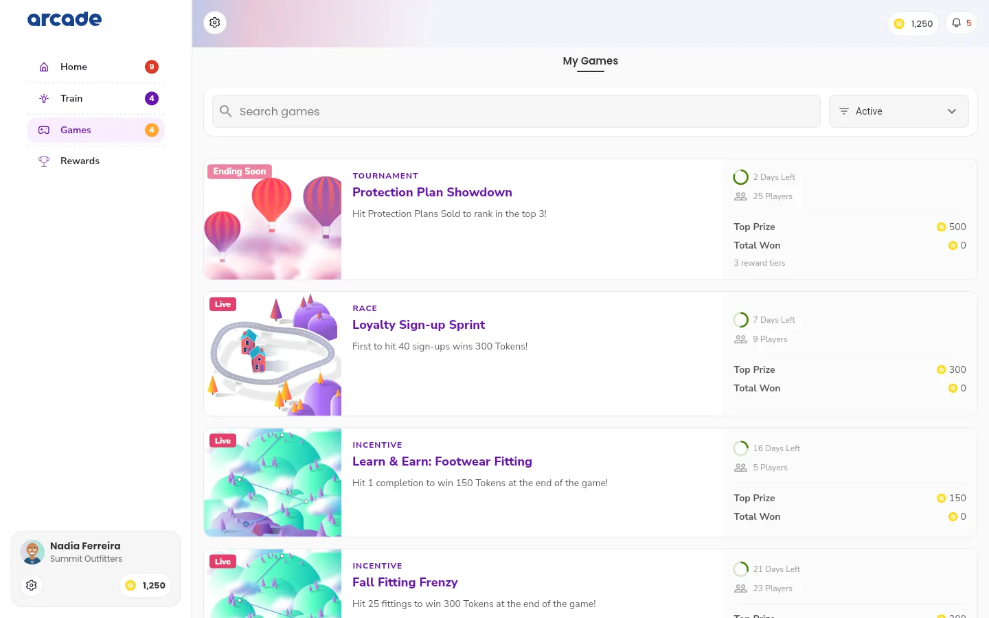 The My Games list of the Games tab on the web app, with one card for each live game.