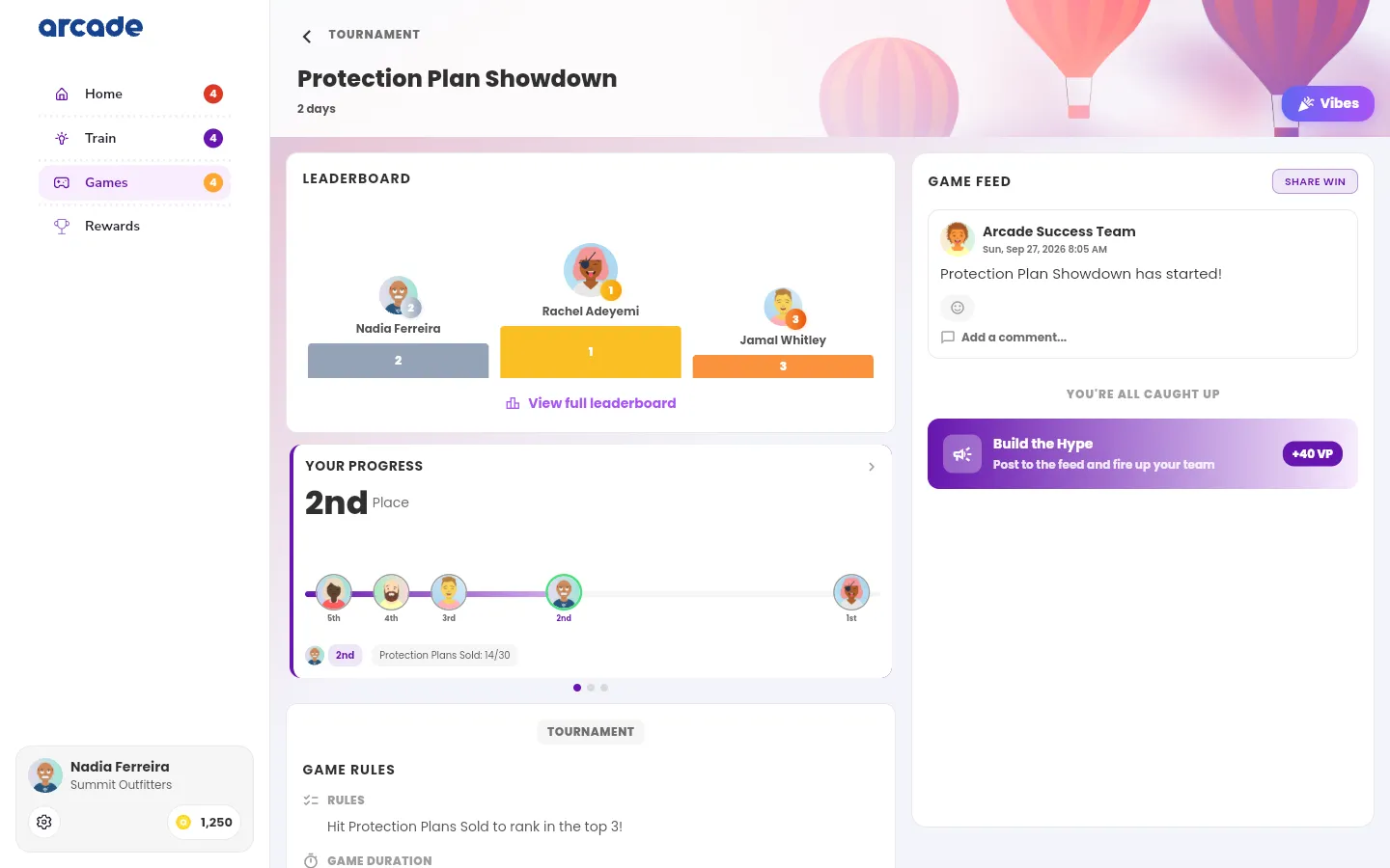 A game on the web app, with the leaderboard podium and the progress card on the left, and the game feed on the right.