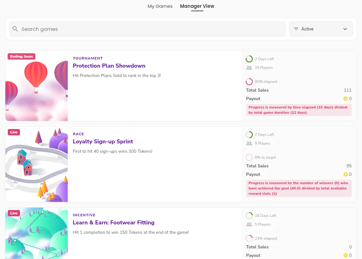 The Manager View of the Games tab, with game cards that show the progress, the total sales, and the payout of each game.