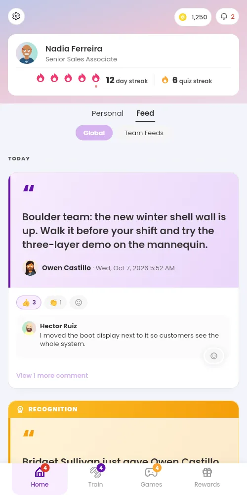 The Home tab on a phone, with the settings button, the token balance, and the notifications bell at the top, the card with your name, the feed, and the Home, Train, Games, and Rewards tabs at the bottom.