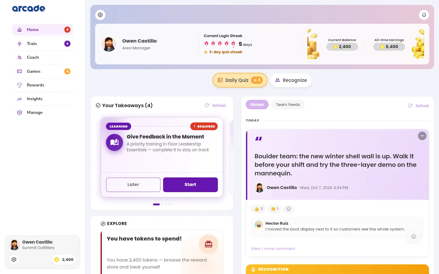 The Home tab of a team manager on the web, with the sidebar on the left and Coach, Insights, and Manage in it.