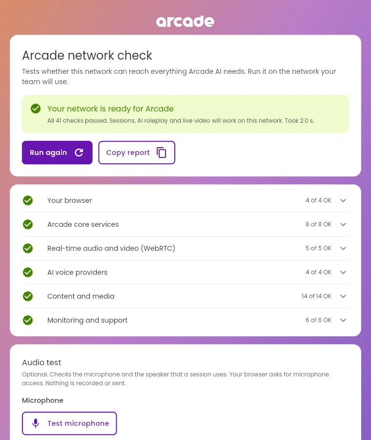 The Arcade network check page after a run, with the result, the Run again and Copy report buttons, and the groups of checks.
