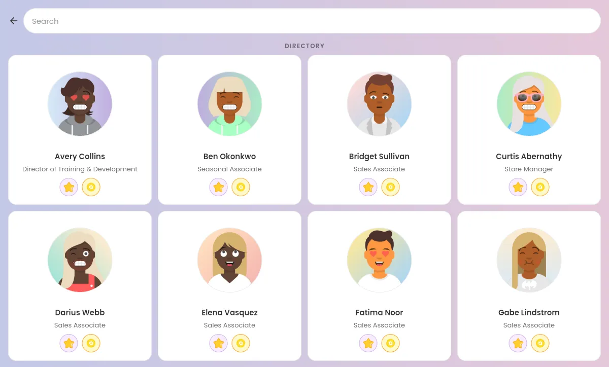The directory page, with the Search field and a grid of people cards. Each card shows a photo, a name, a job title, and buttons to recognize the person or give tokens.