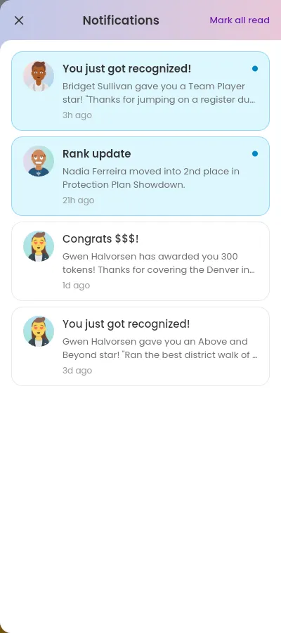 The Notifications panel on the right side of the screen, with Mark all read at the top and a list of notifications about recognition, tokens, and a game. The notifications that you did not read have a blue background.