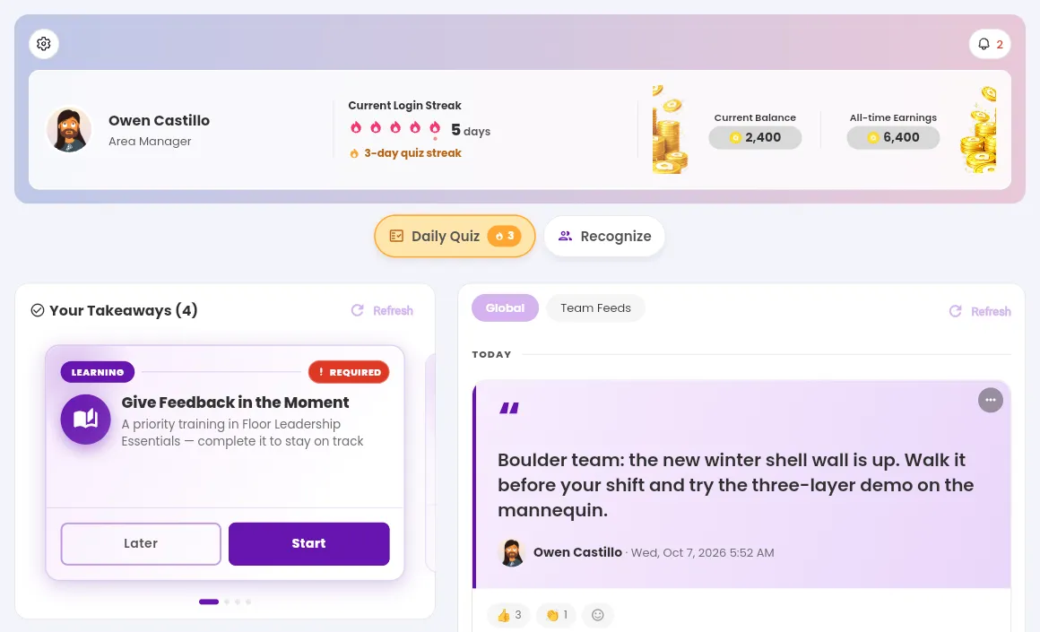 The Home tab on a wide screen, with the profile banner at the top, the quiz and Recognize buttons, Your Takeaways on the left, and the feed on the right.