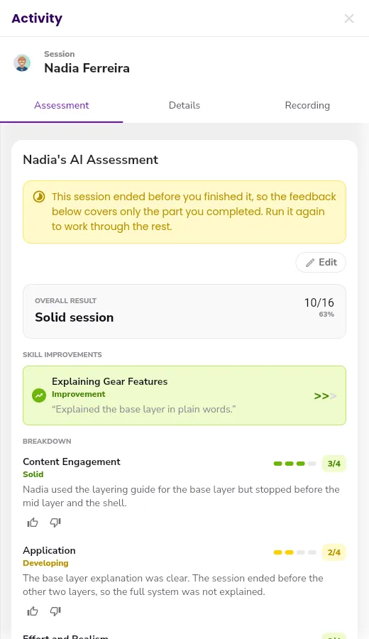 The session details panel on the Assessment tab, with the name of the learner, the Assessment, Details, and Recording tabs, the notice that the session ended early, the Edit button, the overall result, the skill improvement, and the first criteria of the breakdown with their thumbs-up and thumbs-down buttons.