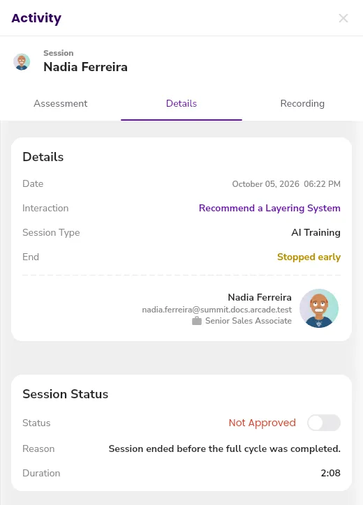 The Details tab of the session details panel, with the Details card that shows the date, the interaction, the session type, how the session ended, and the learner, and the Session Status card with the approval switch, the reason, and the duration.
