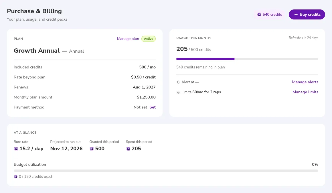 The Purchase & Billing page in Manage, with the credit balance and the Buy credits button at the top, the plan card, the usage card for this month, and the AT A GLANCE card with the burn rate.