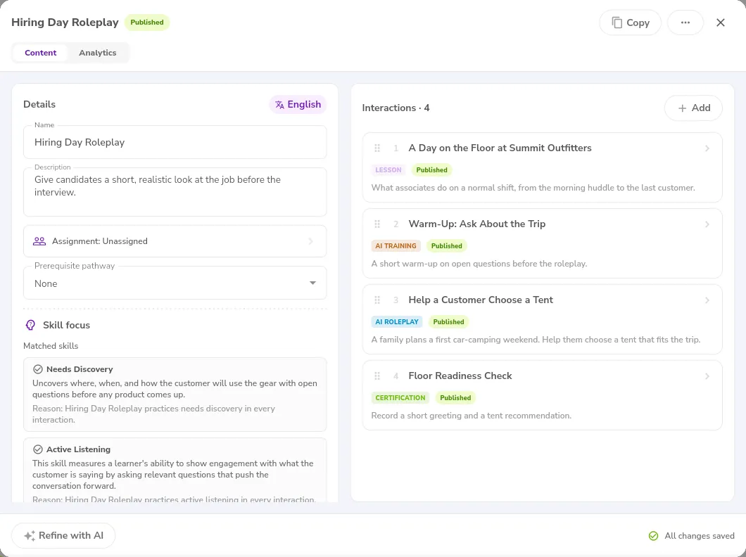 A published pathway on its Content tab, with the Details panel at the left and the list of interactions, each with its type and Published status, at the right.