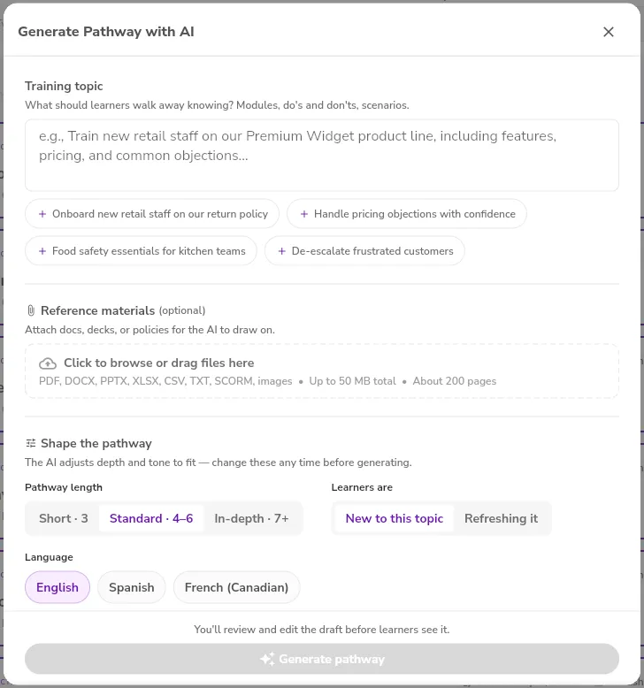 The Generate Pathway with AI form, with the Training topic field, the Reference materials upload area, and the Shape the pathway settings above the Generate pathway button.