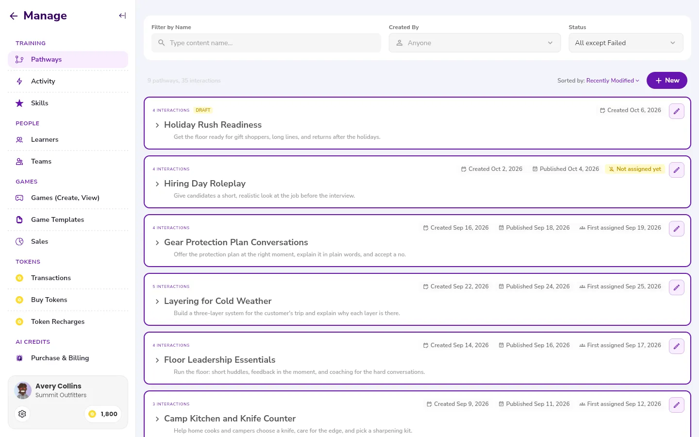 The Pathways page of Manage, with the filter bar, the New button, and a list of pathway cards, one of them a draft.