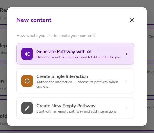 The New content dialog with three options, Generate Pathway with AI, Create Single Interaction, and Create New Empty Pathway.