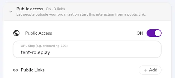 The top of the open Public access section of an AI roleplay, with the Public Access switch turned on, the URL Slug field, and the Add button of Public Links.