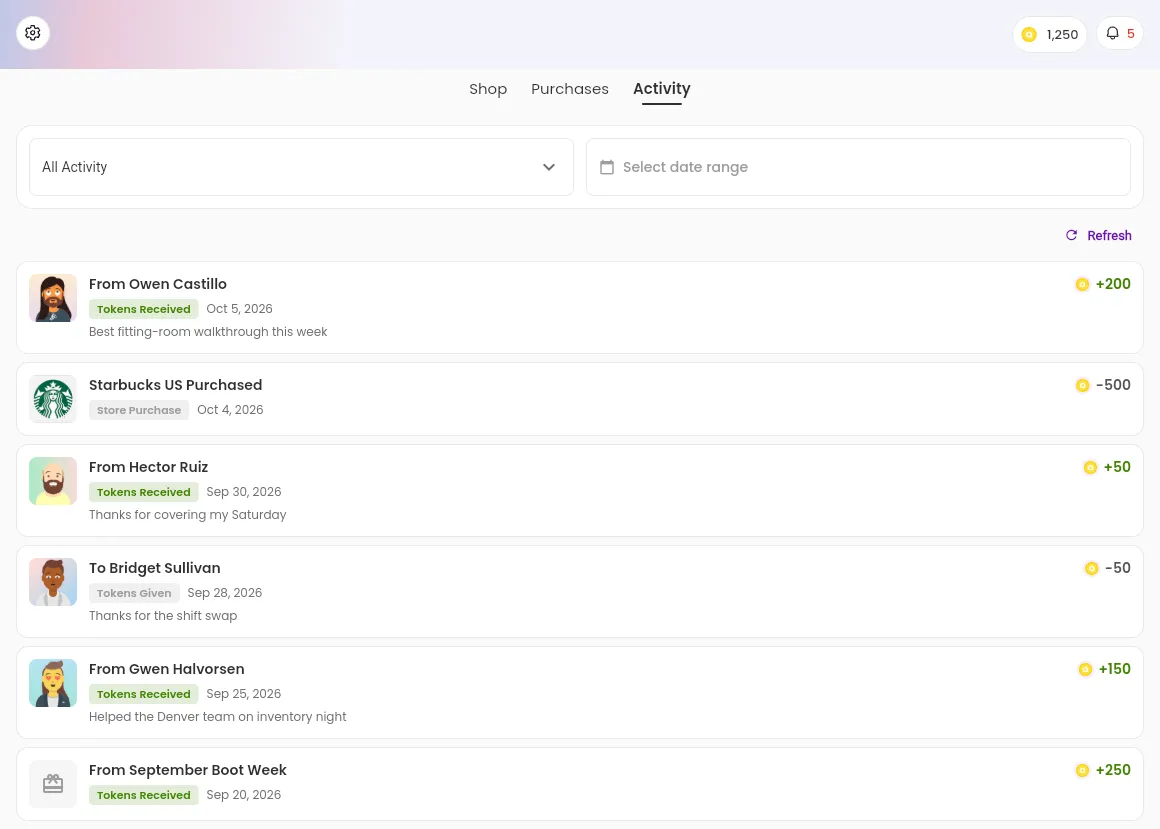The Activity tab of Rewards, with the All Activity type filter, the Select date range filter, the Refresh button, and the newest token transactions of the learner, each with its type, date, and tokens.