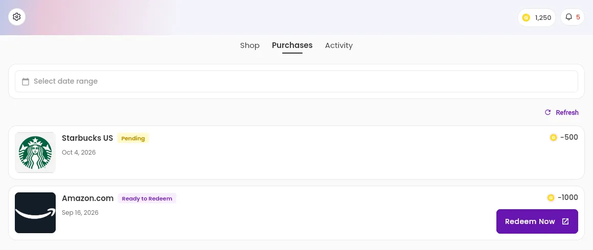 The Purchases tab of Rewards, with the Select date range filter, the Refresh button, and two purchase cards, Starbucks US with the Pending status and Amazon.com with the Ready to Redeem status and the Redeem Now button, each with its date and tokens.