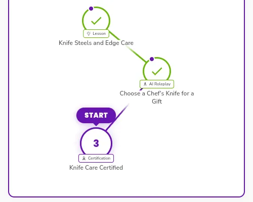 Part of a pathway card on a phone, with two completed steps that have a green check and the next step, a certification, with the START label above it.