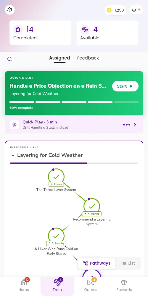 The Train tab on a phone, with the Completed and Available numbers at the top, the Quick Start card with a Quick Play drill below it, the first pathway card with three completed steps, and the Pathways and List view toggle.